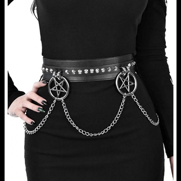 Killstar Accessories - Killstar Black Belt with Silver Chains and Pentagram